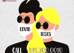 Illustration of two people wearing masks with "COVID TESTS" text, promoting a contact number for COVID testing at a pediatrics center.