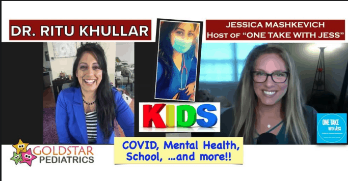 Split-screen video thumbnail featuring Dr. Ritu Khullar on the left and Jessica Mashkevich on the right, discussing children's issues such as COVID, mental health, and school.